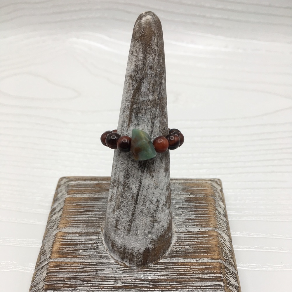 HANDCRAFTED Red Tiger Eye & Indian Agate Stretch Bead Ring